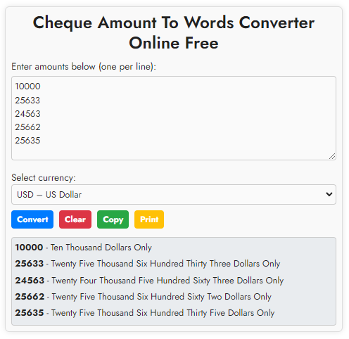 Cheque Amount to Words Batch Converter online